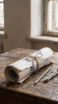 Rolled Blueprints Tied with Twine on Wood Table