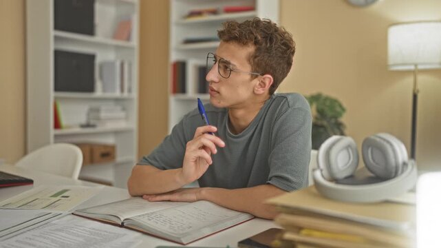 Young man studying and writing notes with pen in an open notebook at a desk inside a building, headphones and books beside him; concentration focus.
