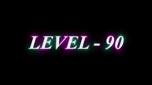 Level-90 neon bright text font, colorful motion animation. Glowing neon text Level 38 icon animation. Level th