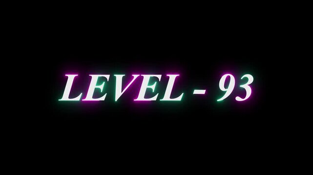 Level-93 neon bright text font, colorful motion animation. Glowing neon text Level 38 icon animation. Level th