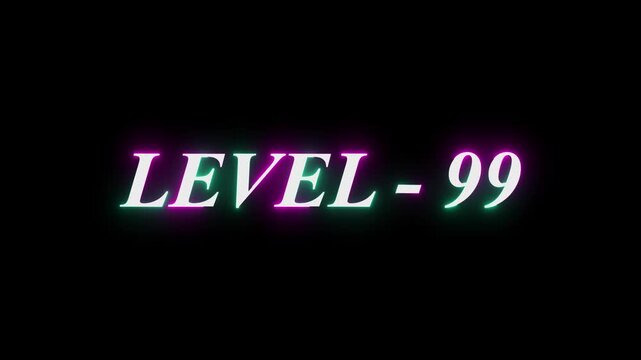 Level-99 neon bright text font, colorful motion animation. Glowing neon text Level 38 icon animation. Level the