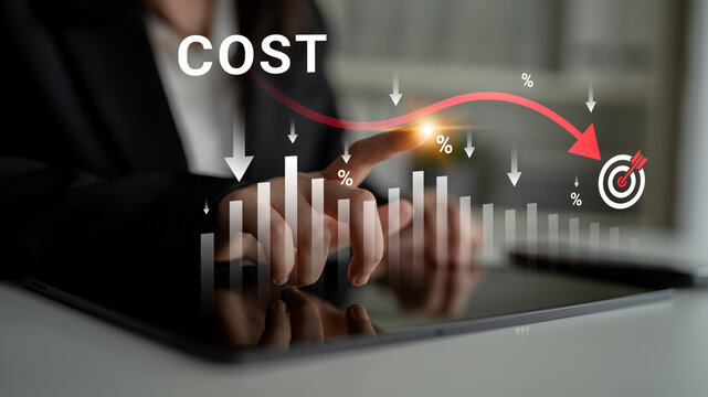 Business Professional Analyzing Cost Reduction Strategies with Financial Data and Graphs on a Tablet in a Modern Office Environment. Glyphic.