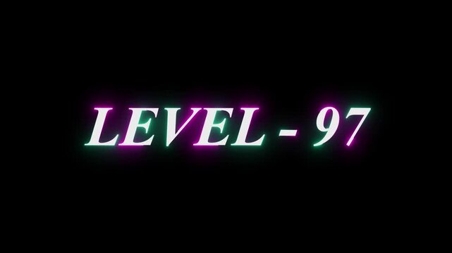 Level-97 neon bright text font, colorful motion animation. Glowing neon text Level 38 icon animation. Level th