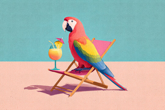 Illustration of a vibrant parrot perched on a pink deck chair next to a tropical cocktail, set against a pastel background, suggesting a tropical vacation theme.