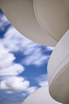 Slow-shutter image, spiral staircase and upper disc of the Oscar Niemeyer International Cultural Center white lookout-tower. Avil&eacute;s-Asturias-Spain-068