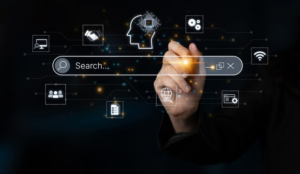 Artificial intelligence AI search concept enabling smarter discovery, recommendations to digital services and knowledge. Generative AI search engine algorithm provide user intent result. Corpus