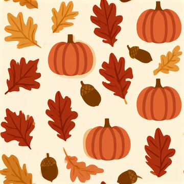 a collection of autumnthemed pumpkins and acorns. The pumpkins are depicted in various shades of orange and red, while the acorns are brown and have a smooth texture. The background is a soft beige.