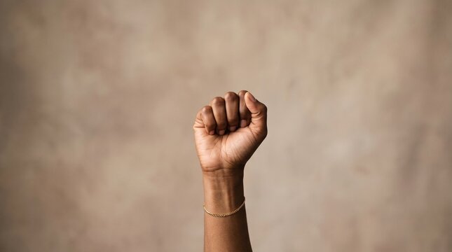 Raised clenched fist with a gold bracelet against a softly textured neutral studio background