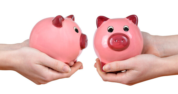Hands holding  pink piggy bank isolated on a transparent PNG background.