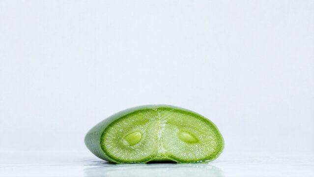 Raw green bean cross section macro on white ceramic with copy space