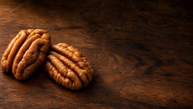 Raw pecan halves macro with ridged texture on dark wood background