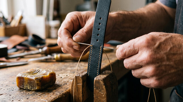 Close Up of Leather Belt Hand Stitched