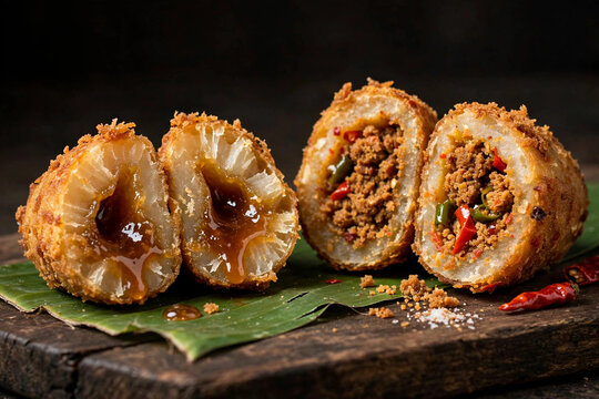 Traditional Indonesian Fried Cassava Snacks Misro and Comro Cut in Half Showing Melted Palm Sugar and Spicy Oncom Filling on Banana Leaf