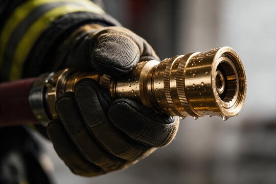 Gloved firefighter hand gripping a brass hose nozzle in dramatic warm light for safety industry advertising.