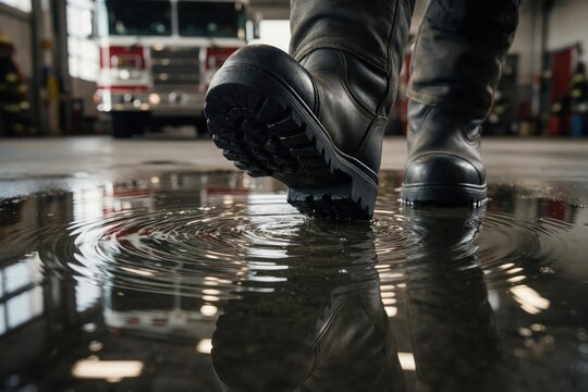 Firefighter boots reflected in a wet station floor with blurred emergency trucks behind for industry marketing.
