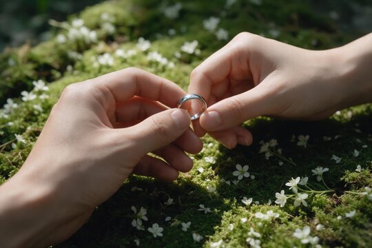 Two hands reaching toward each other above a sunlit green meadow with tiny flowers for romantic lifestyle advertising.