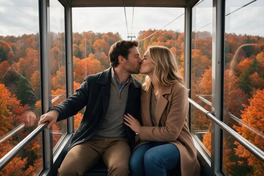 Affectionate couple sitting together on a scenic ride overlooking vibrant autumn forest for travel lifestyle marketing.
