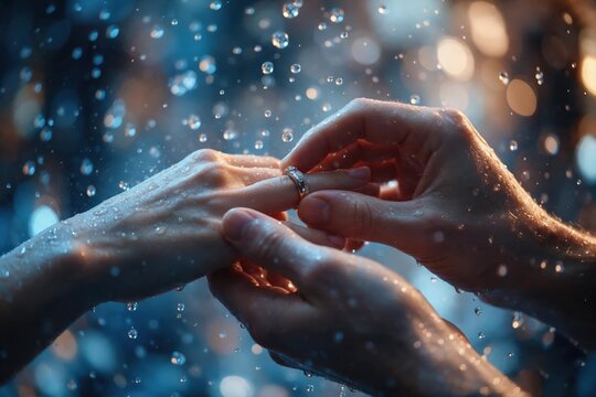 Romantic hands gently holding together amid glowing blue bokeh lights for dreamy wedding advertising.