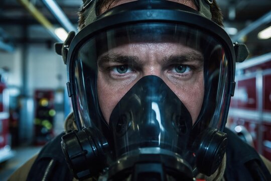 Intense firefighter closeup wearing a breathing mask and helmet in dark dramatic light for editorial advertising.