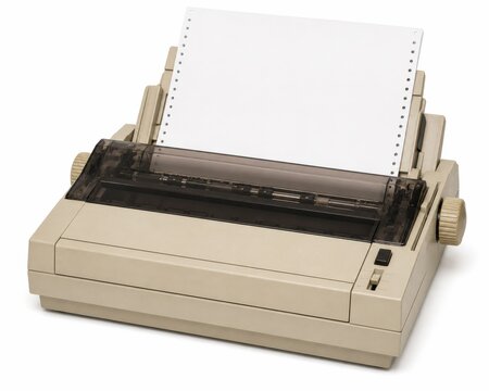 Vintage beige dot matrix printer with paper roll ready for document printing