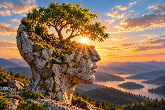 Surreal Stone Human Head with Growing Tree Symbolizing Mental Health and Personal Growth at Sunset