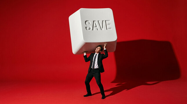 Businessman Holding Giant Save Button Overhead