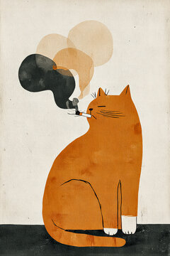 Whimsical illustration of an orange cat casually smoking a cigarette, with smoke forming abstract shapes.
