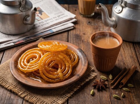 Indian jalebi sweets with hot masala chai on a rustic table, traditional Indian tea time, street food culture, golden syrup dessert, warm beverage, authentic culinary experience