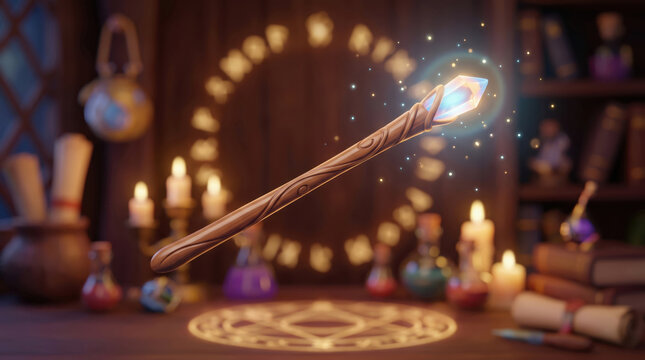 Glowing Magic Wand with Crystal Floating in Wizard Workshop, Fantasy 3D Illustration
