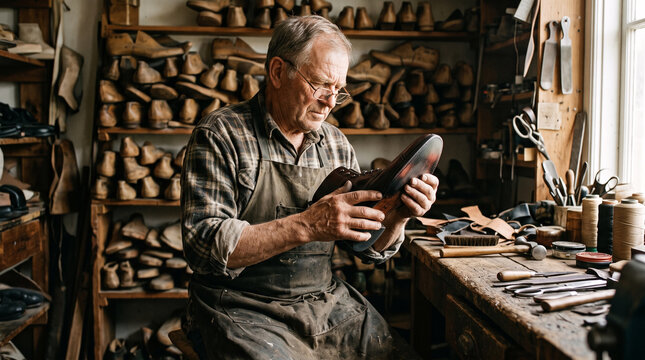 Shoemaker Working on Shoe in Workshop