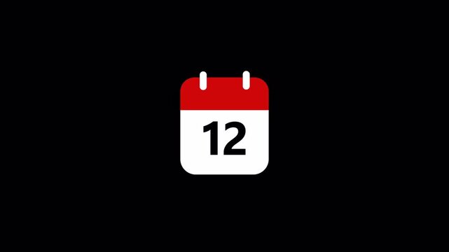 Simple calendar icon animation with date 12 day twelve .Calendar Page animation with Number twelve , Date Concept on transparent background ,Calendar day 12  animation in 4K