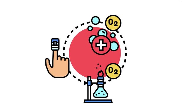 Hand wearing a pulse oximeter monitoring oxygen saturation, representing a health and medical care process converting o2 elements and gas within a scientific laboratory environment