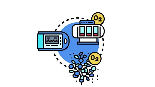 Oxygen intake process featuring a medical oxygen device, a pulse oximeter monitoring vital signs, and conceptual lung alveoli, representing respiratory health and saturation measurement