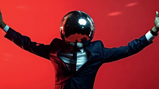 Stylish businessman wearing a disco ball instead of a head is dancing with his arms wide open in slow motion. Surreal concept of a party animal enjoying a corporate event or nightclub party