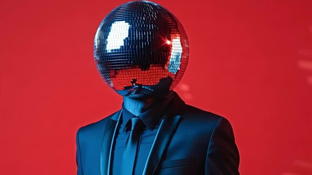 Unique person with a mirror disco ball instead of a head wearing a formal black suit and dancing under blue light in a studio with a vibrant red background for a cool party concept