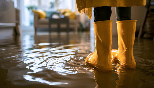 Water spreads over the floor as someone wears yellow boots in a flooded room