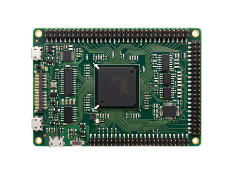 Microcontroller circuit board flat lay top view with gold-plated pins on transparent background, embedded processing and neural networks