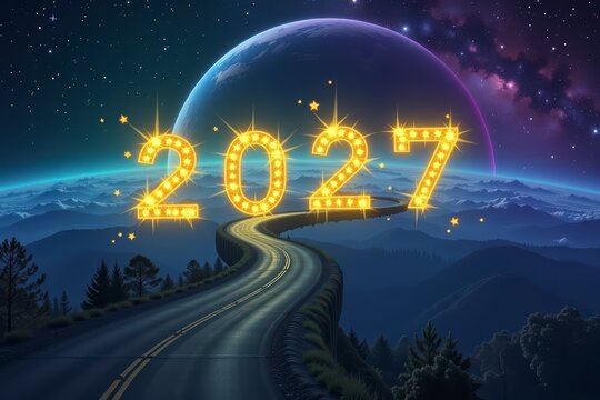 Glowing 2027 Numbers Neon Lights Year Countdown Futuristic Night Scene