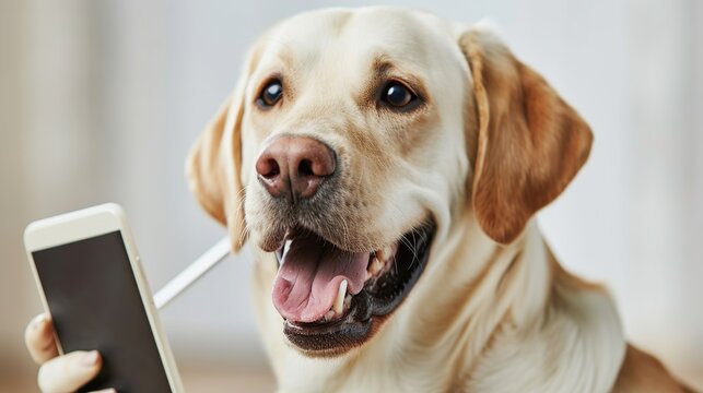 Adorable yellow Labrador retriever holding a generic modern smartphone and looking at the screen with a happy expression, concept of a clever pet using technology and answering a phone call.