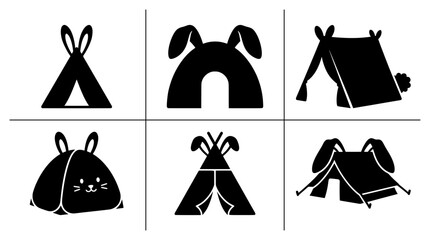 Rabbit and tent silhouettes set with wigwam and camping gear for outdoor adventure logo © Mitali