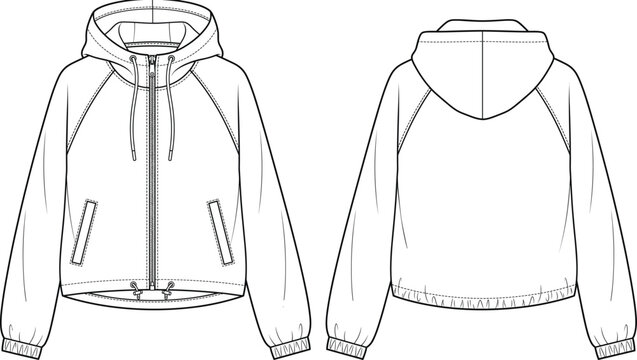 Blank zip up hooded windbreaker jacket fashion technical flat sketch vector template with front and back views for tech packs.