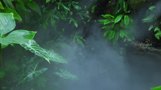 A humid tropical habitat in which characteristic representatives of the flora are clearly visible, including plants of the genera Alocasia and Nephrolepis.