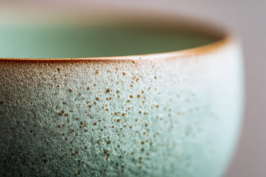 Close up image of a ceramic bowl showcasing its textured surface and green glaze, highlighting the craftsmanship and detail in pottery design.