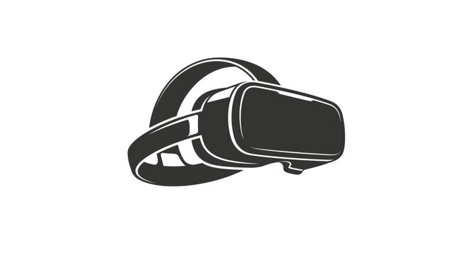 Black and white vector graphic illustration depicting a modern futuristic virtual reality headset with adjustable straps