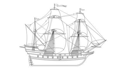 Classic Galleon Sailing Ship Side Profile Line Art © MdLipon