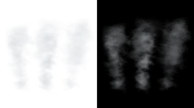 Atmospheric white smoke plumes on black background, wispy vapor clouds for overlay effects, ethereal smoke columns and mist textures for creative design