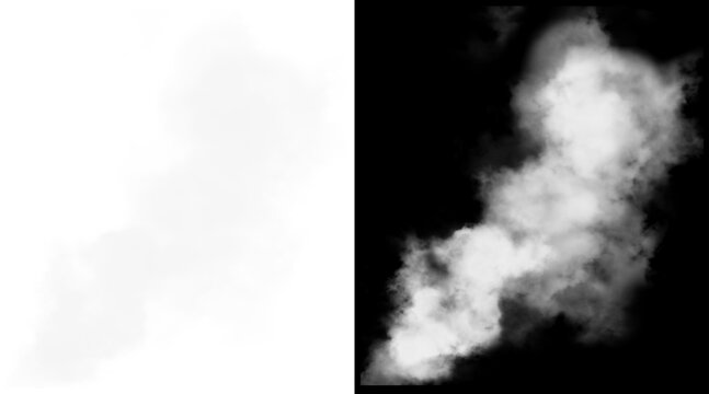 Atmospheric white smoke plume with alpha mask, realistic steam cloud on black background, VFX transparency overlay for motion graphics