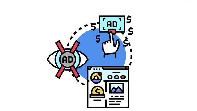 Paid search ads concept combining a hand clicking an advertisement, a crossed out eye indicating ad blocking, and a website displaying content, digital marketing strategies