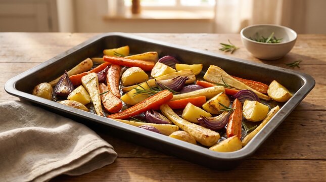 Roasted root vegetables with carrots parsnips potatoes and red onions