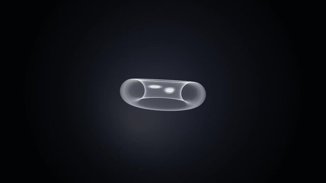 A wireframe 3D torus shape glowing against a dark gradient background for technology concepts